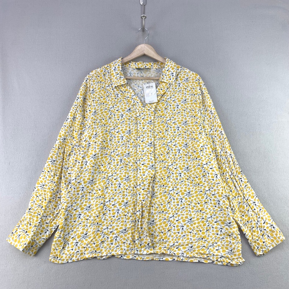 Max Woven Top Button Down Women Size 20 Yellow Cherry Print Long Sleeve NWT